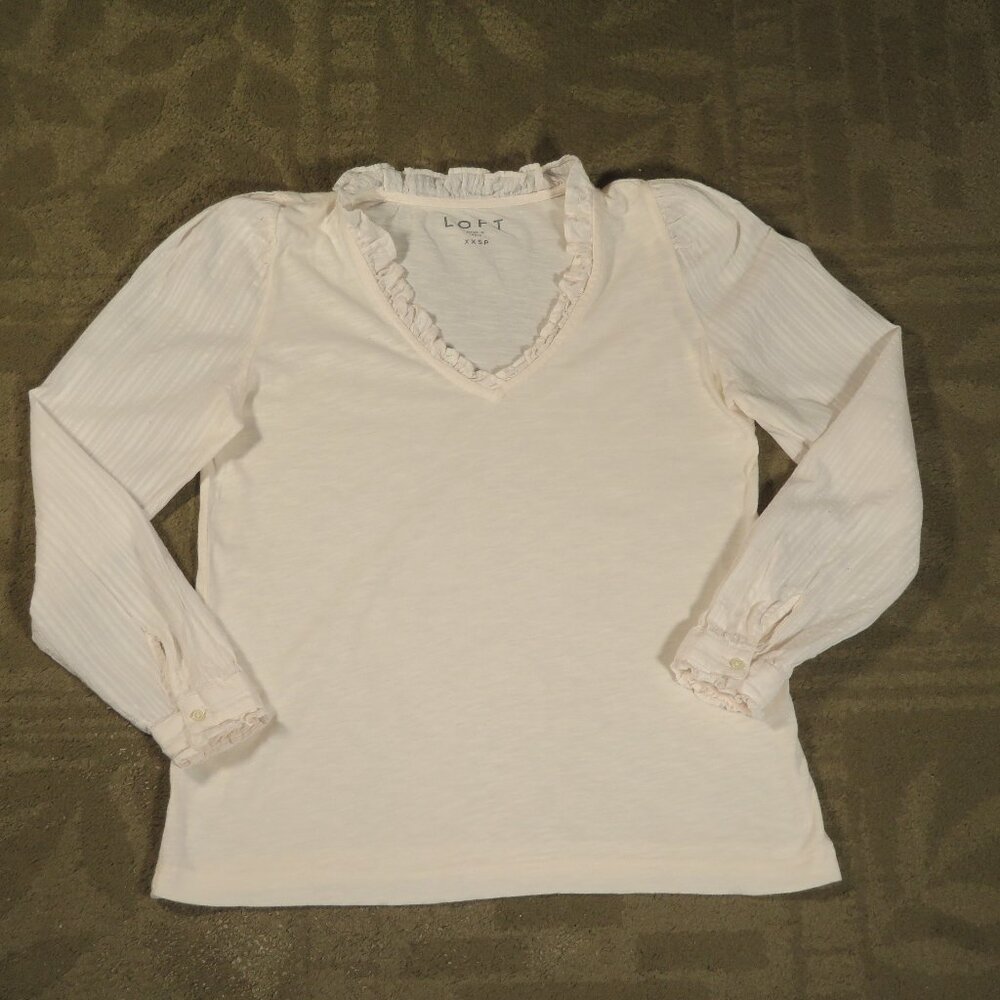 LOFT Ruffle Trim V-Neck Mixed Media Top Off-White XXSP